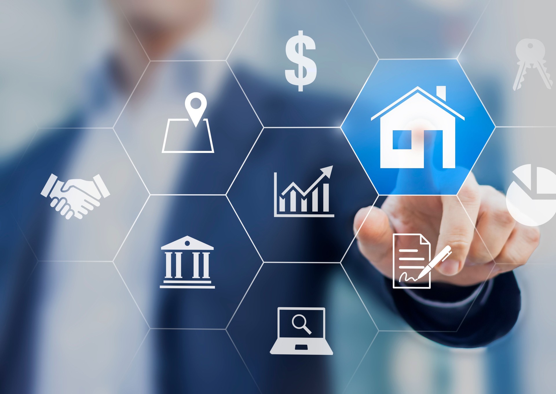 Real estate property management with investor making profit by increasing value and earning rental payment of housing. Finance and business concept with icons of house, bank, contract, cash money